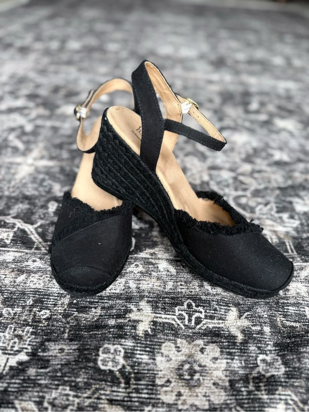 Black Canvas Ankle-Strap Wedge Heels - Women